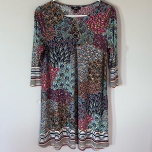 MSK 3/4 sleeve shift dress with a brown peacock/feather print
